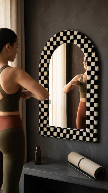 Tufted Arch Mirror, Black White Checkerboard Wall Decor, Soft Textured Frame
