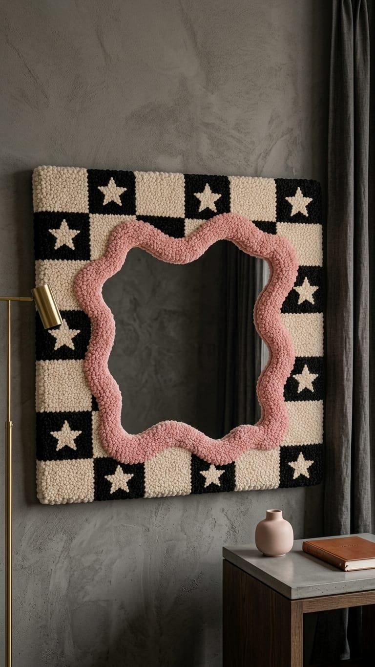 Tufted Checkerboard Mirror, Pink Wavy Border, Punch Needle Star Wall Art