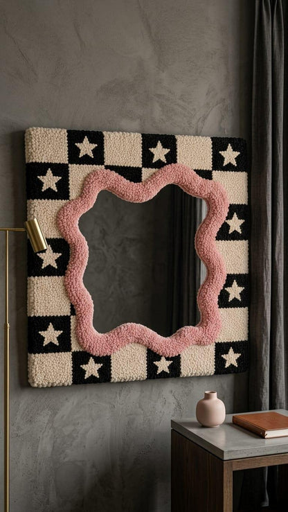 Tufted Checkerboard Mirror, Pink Wavy Border, Punch Needle Star Wall Art