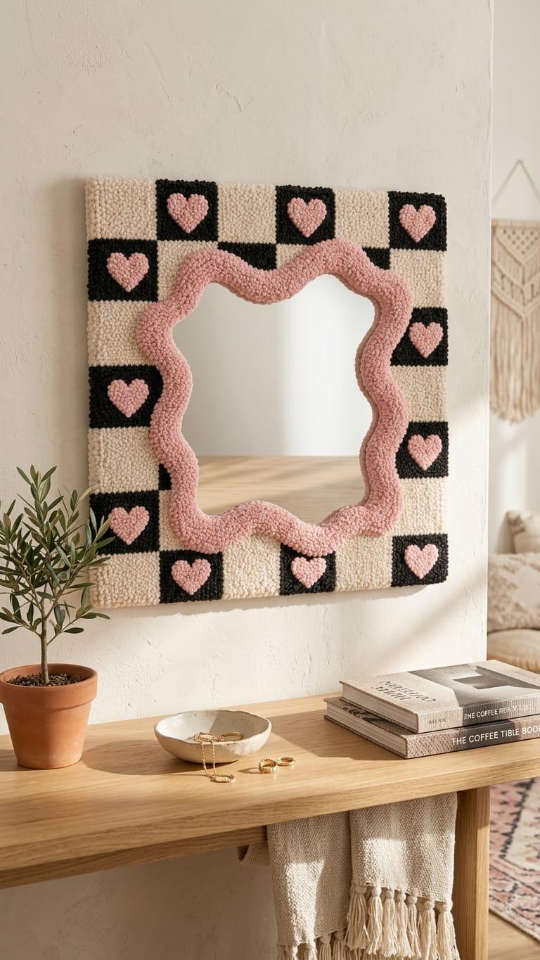 Hand-Tufted Checkerboard Mirror with Pink Hearts, Punch Needle Wall Art