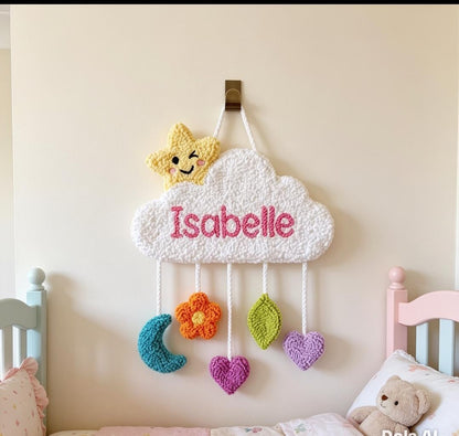 Personalized Cloud Name Sign, Tufted Punch Needle Wall Art, Baby Girl Nursery Decor