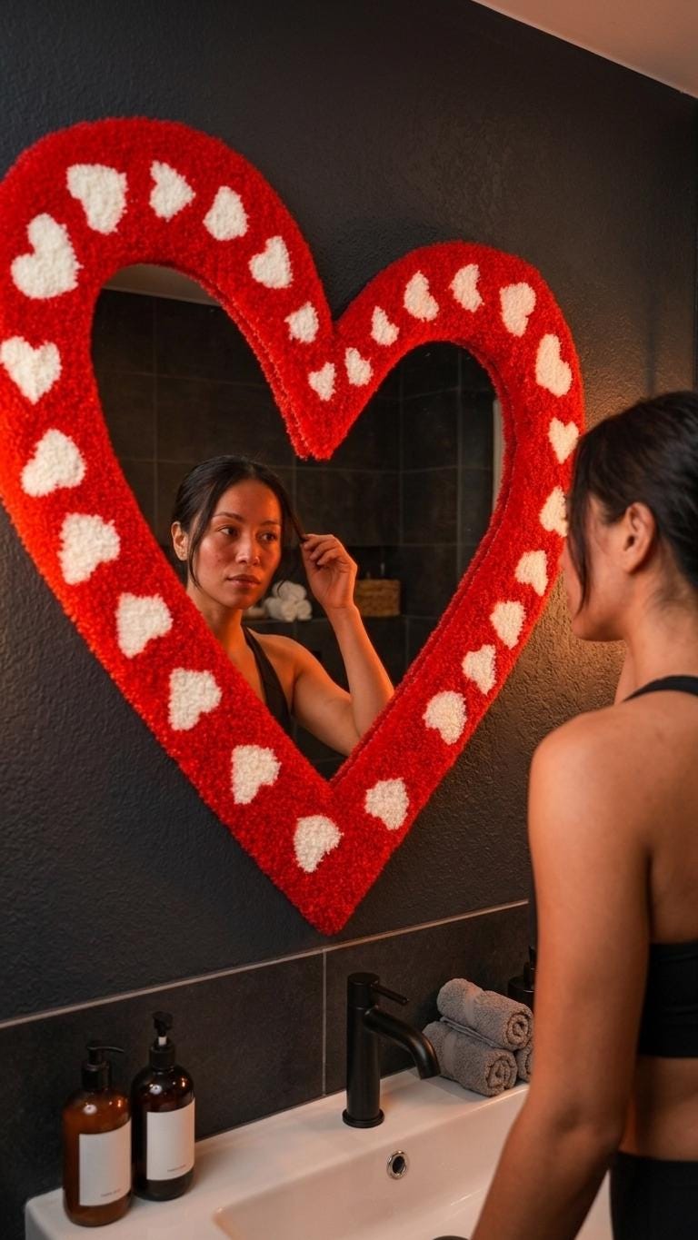 Handmade Heart Tufted Mirror, Red Plush Wall Decor, Romantic Valentine Room Accent