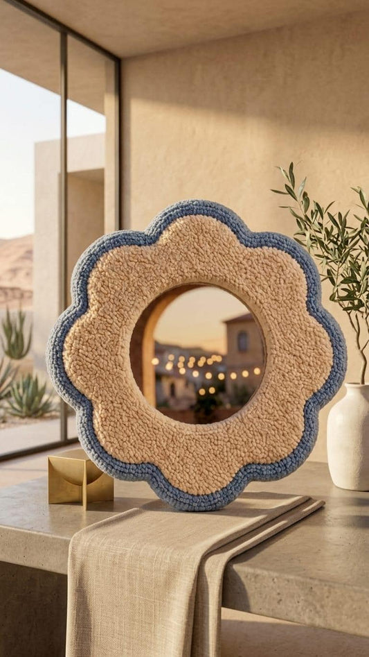 Flower Mirror, Tufted Wall Mirror, Blue and Beige Mirror, Handmade Floral Mirror, Boho Wall Decor, Aesthetic Bedrom Mirror, Funky Home Decor