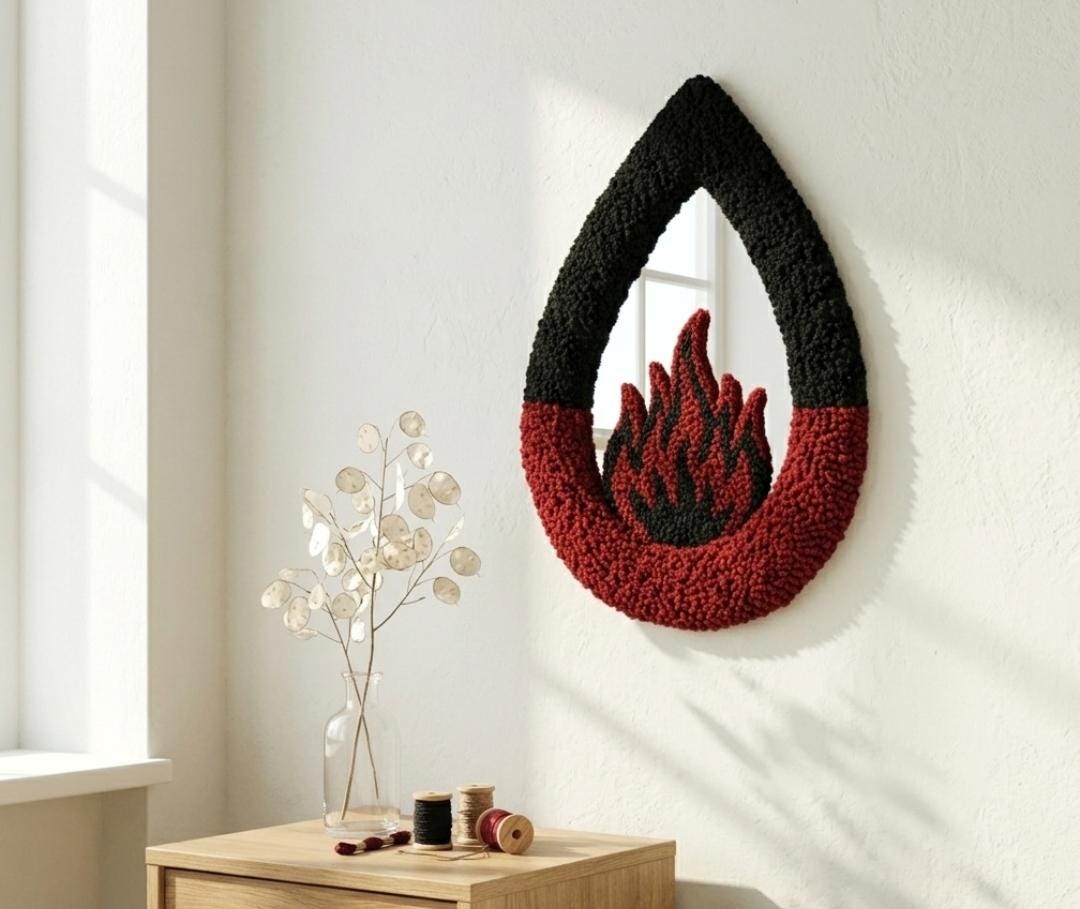 Handmade Tufted Flame Mirror | Punch Needle Gothic Wall Decor