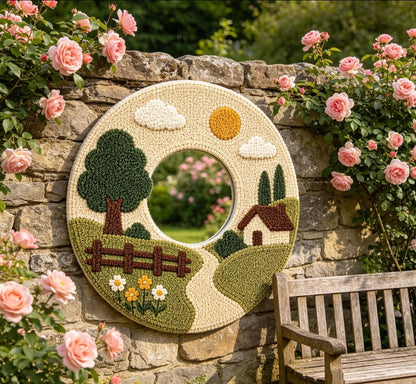 Tufted Landscape Mirror, Round Scenery Wall Art, Punch Needle Cozy Farmhouse Decor