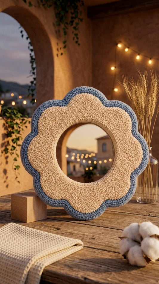 Flower Mirror, Tufted Wall Mirror, Blue and Beige Mirror, Handmade Floral Mirror, Boho Wall Decor, Aesthetic Bedrom Mirror, Funky Home Decor