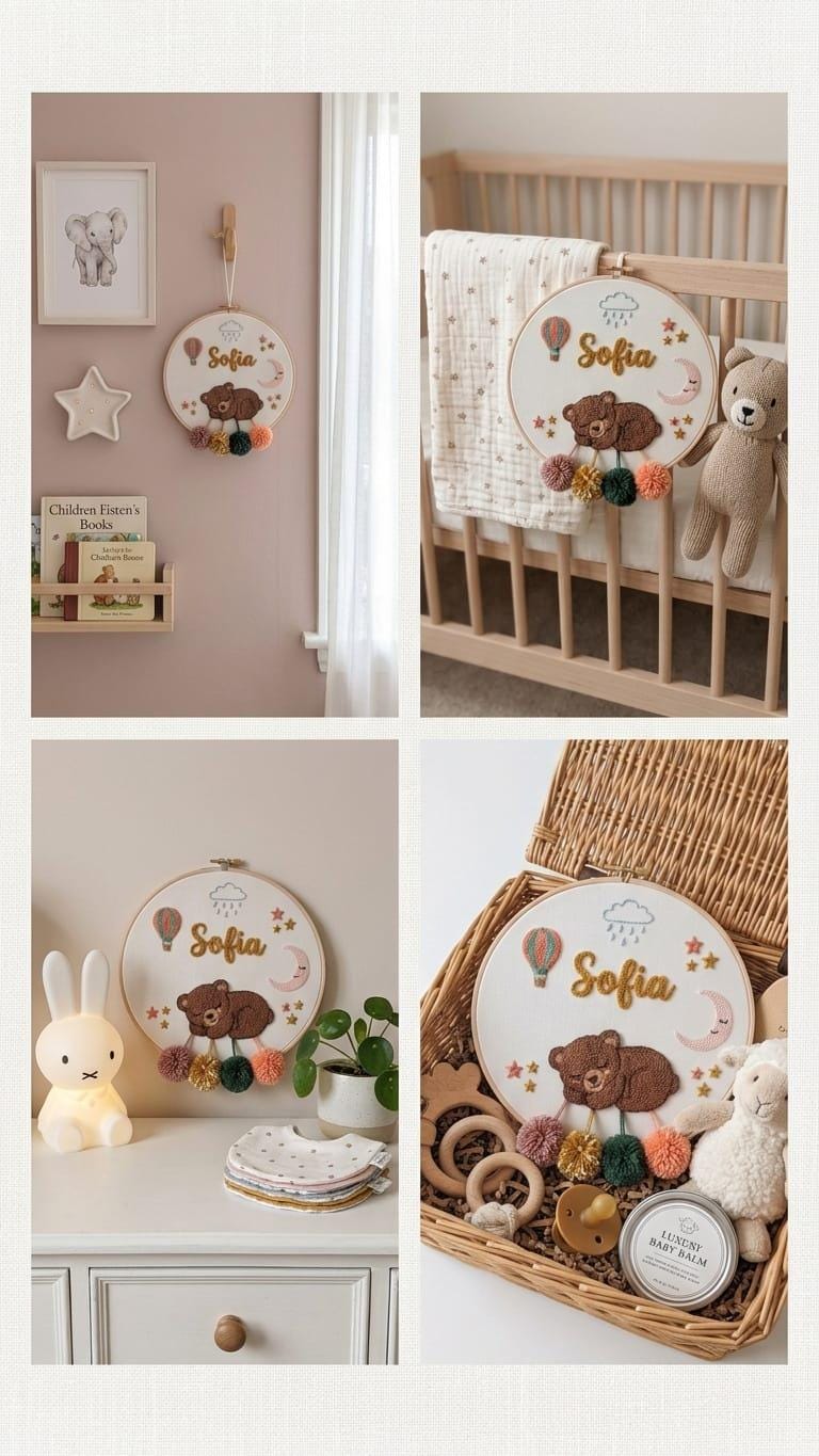 Personalized Sleeping Bear Punch Needle Hoop Art, Boho Nursery Name Sign