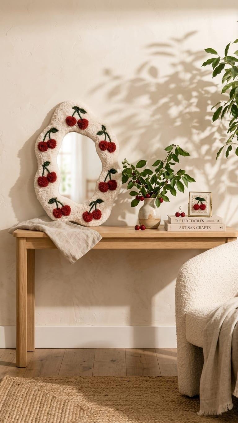 Tufted Cherry Mirror | Wavy Punch Needle Wall Art, Coquette Room Decor