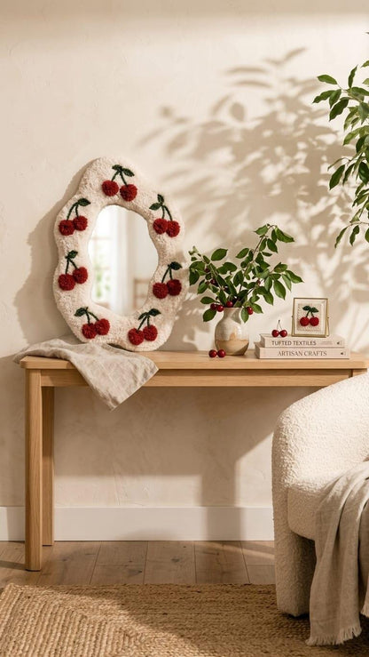 Tufted Cherry Mirror | Wavy Punch Needle Wall Art, Coquette Room Decor
