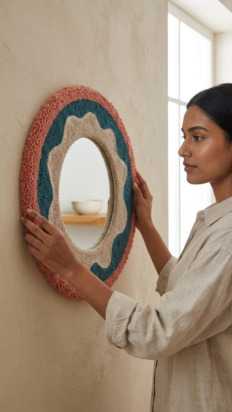 Round Tufted Mirror, Punch Needle Flower Wall Art, Retro Boho Decor