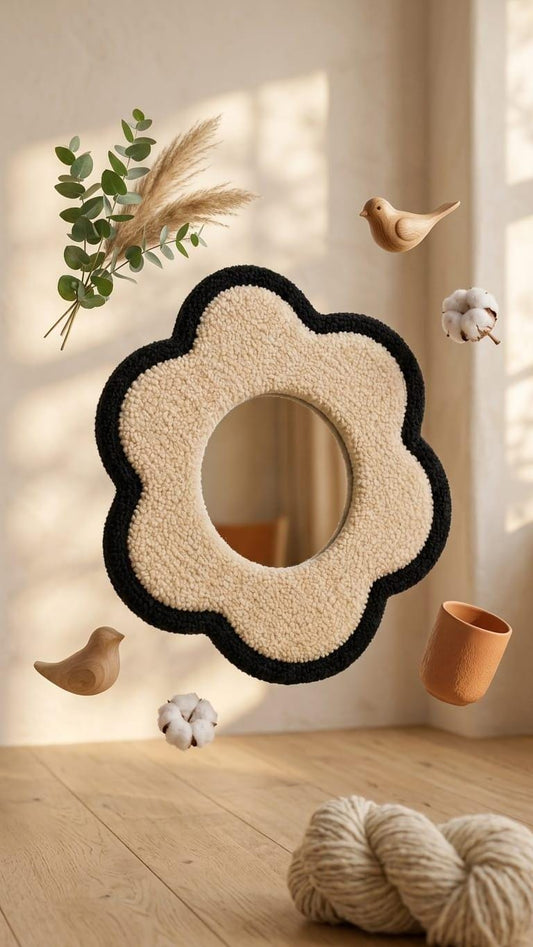 Flower Mirror, Tufted Wall Mirror, Black and Cream Mirror, Funky Wall Decor, Handmade Mirror, Aesthetic Bedroom Decor, Cute Vanity Mirror