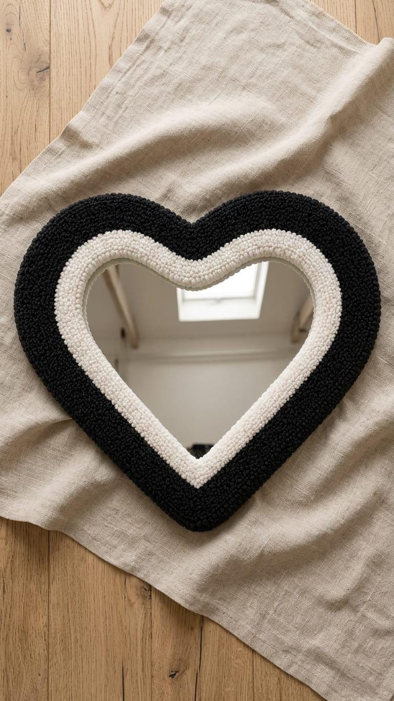 Black Heart Tufted Mirror, Handmade Heart Wall Mirror, Funky Punch Needle Mirror, Cute Bedroom Decor, Dopamine Wall Decor, Unique Gift