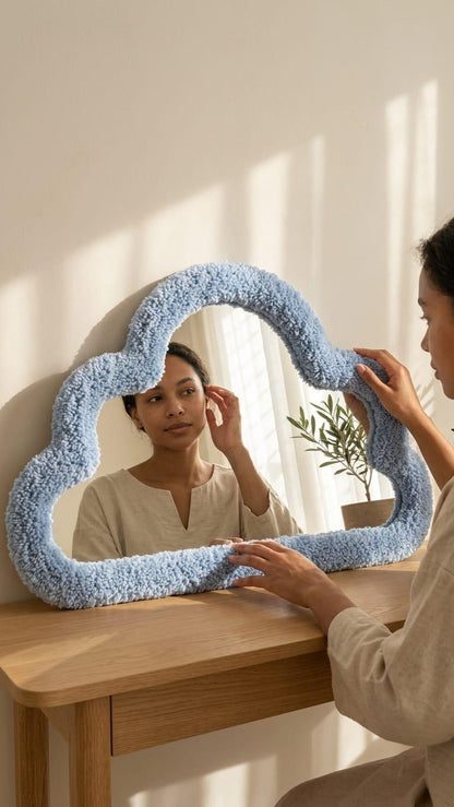 Tufted Cloud Mirror | Pastel Blue Punch Needle Art, Tabletop Decor