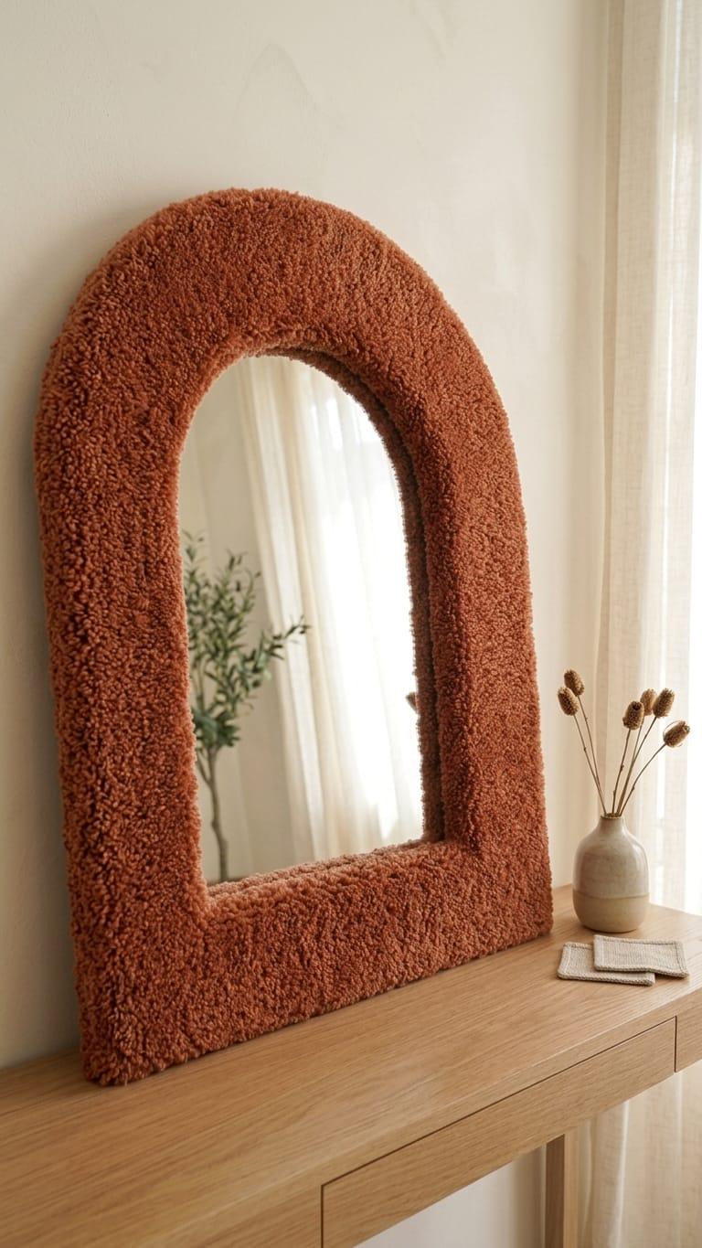 Handmade Bouclé Arch Mirror, Burnt Orange Plush Wall Decor, Cozy Bedroom Vanity Mirror