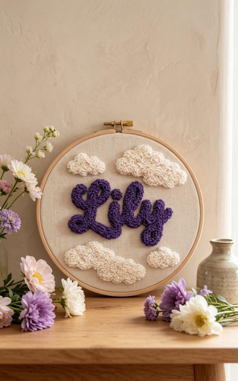 Personalized Punch Needle Hoop Art, Custom Name Sign, Nursery Cloud Decor