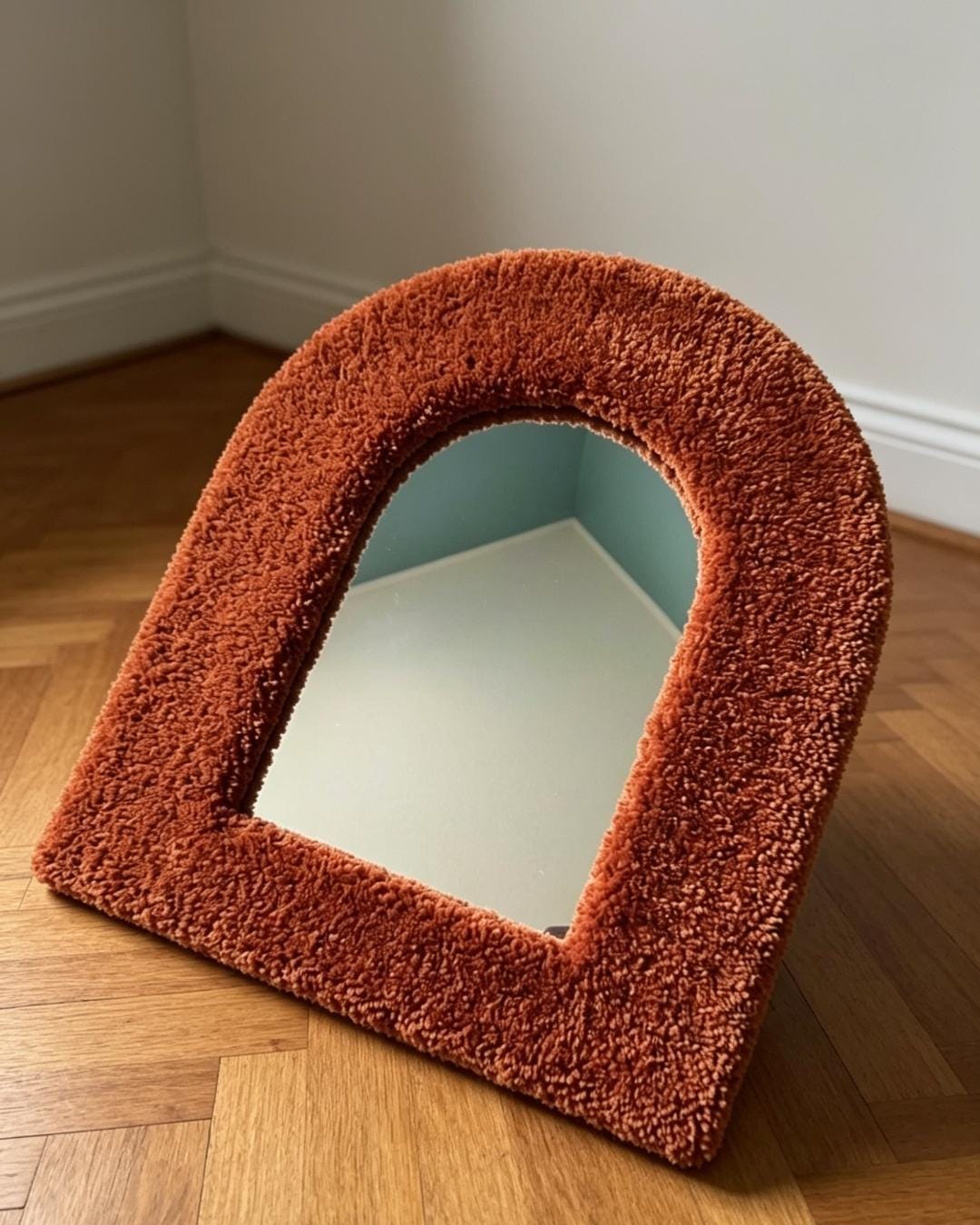 Handmade Bouclé Arch Mirror, Burnt Orange Plush Wall Decor, Cozy Bedroom Vanity Mirror