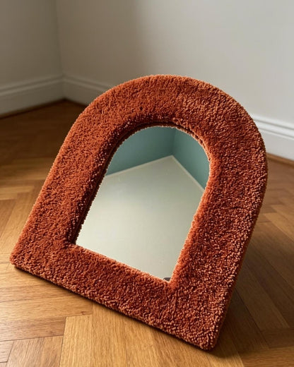 Handmade Bouclé Arch Mirror, Burnt Orange Plush Wall Decor, Cozy Bedroom Vanity Mirror