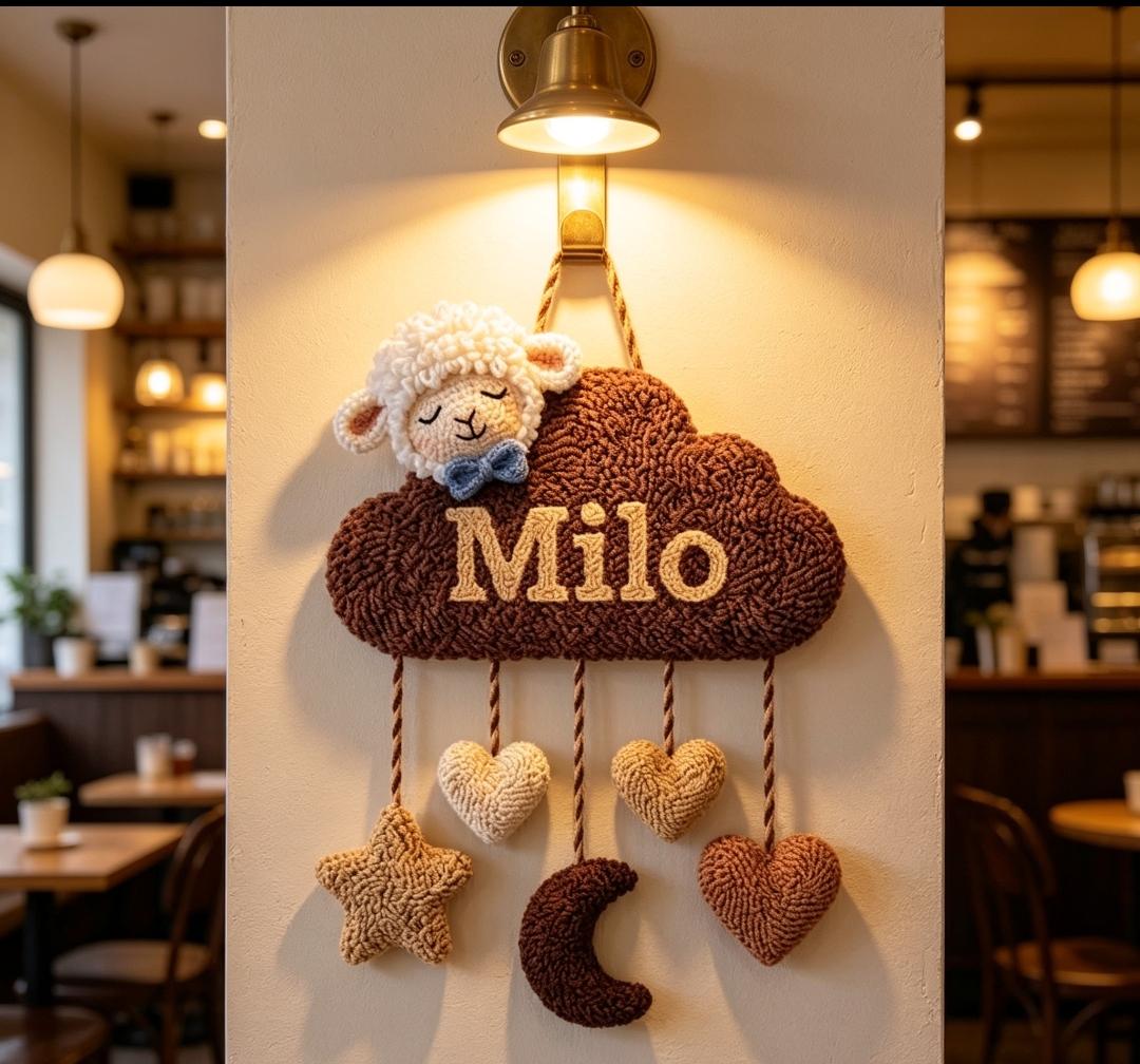 Personalized Tufted Cloud Name Sign, Boho Sheep Nursery Art, Earthy Baby Decor