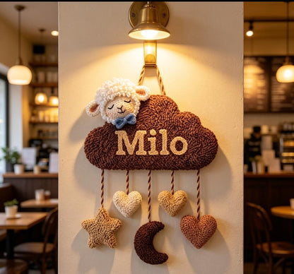 Personalized Tufted Cloud Name Sign, Boho Sheep Nursery Art, Earthy Baby Decor