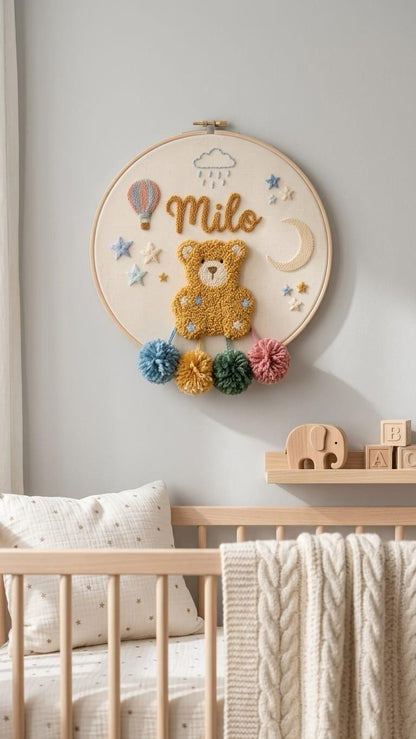Personalized Teddy Bear Punch Needle Hoop Art, Boho Nursery Decor, Custom Name Sign