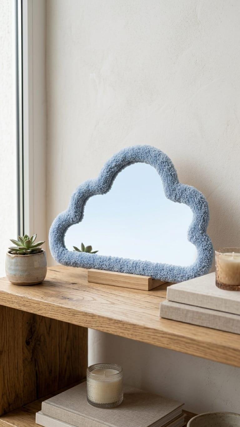 Tufted Cloud Mirror | Pastel Blue Punch Needle Art, Tabletop Decor