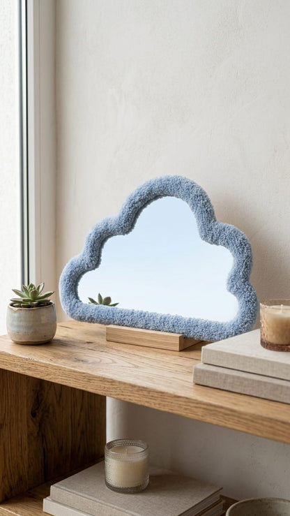 Tufted Cloud Mirror | Pastel Blue Punch Needle Art, Tabletop Decor