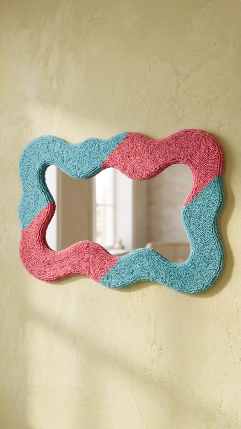 Tufted Wavy Mirror, Pastel Pink and Blue Punch Needle Decor, Asymmetrical Wall Mirror