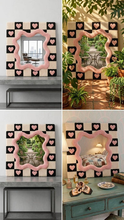 Hand-Tufted Checkerboard Mirror with Pink Hearts, Punch Needle Wall Art