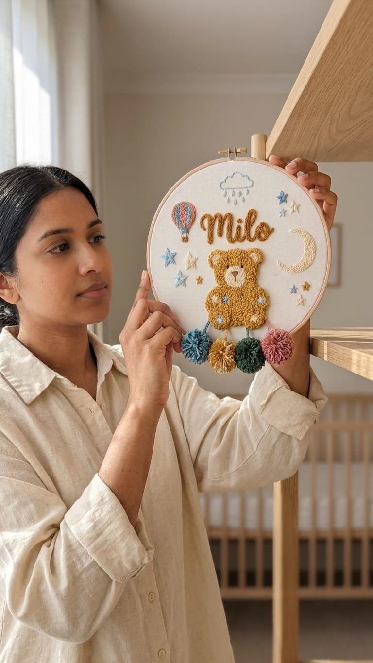 Personalized Teddy Bear Punch Needle Hoop Art, Boho Nursery Decor, Custom Name Sign