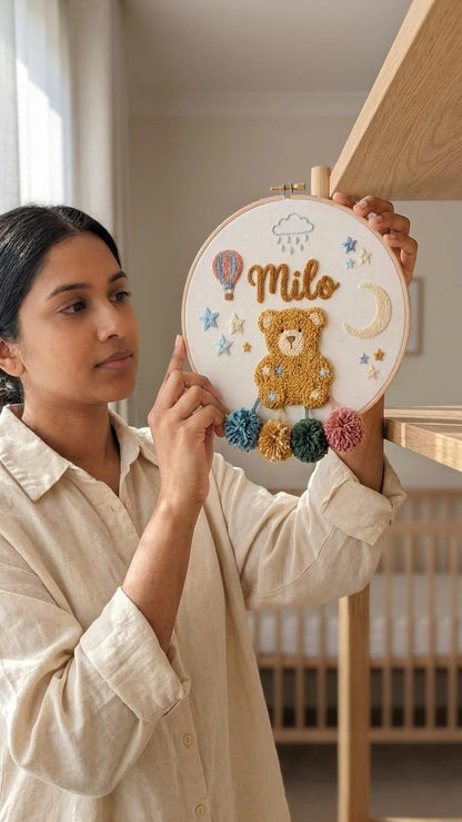 Personalized Teddy Bear Punch Needle Hoop Art, Boho Nursery Decor, Custom Name Sign