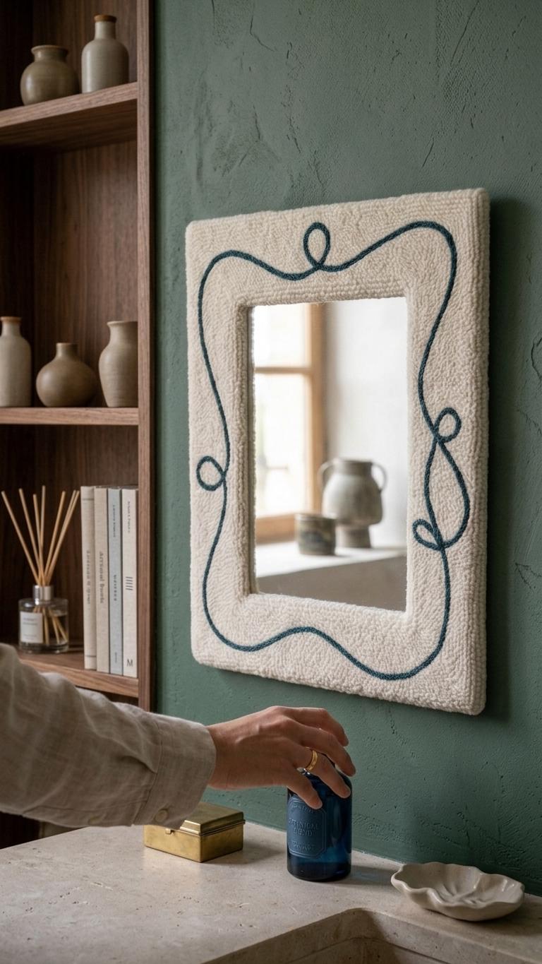 Punch Needle Mirror, Tufted Yarn Frame, Line Art Decor, Cozy Vanity Accent Mirror