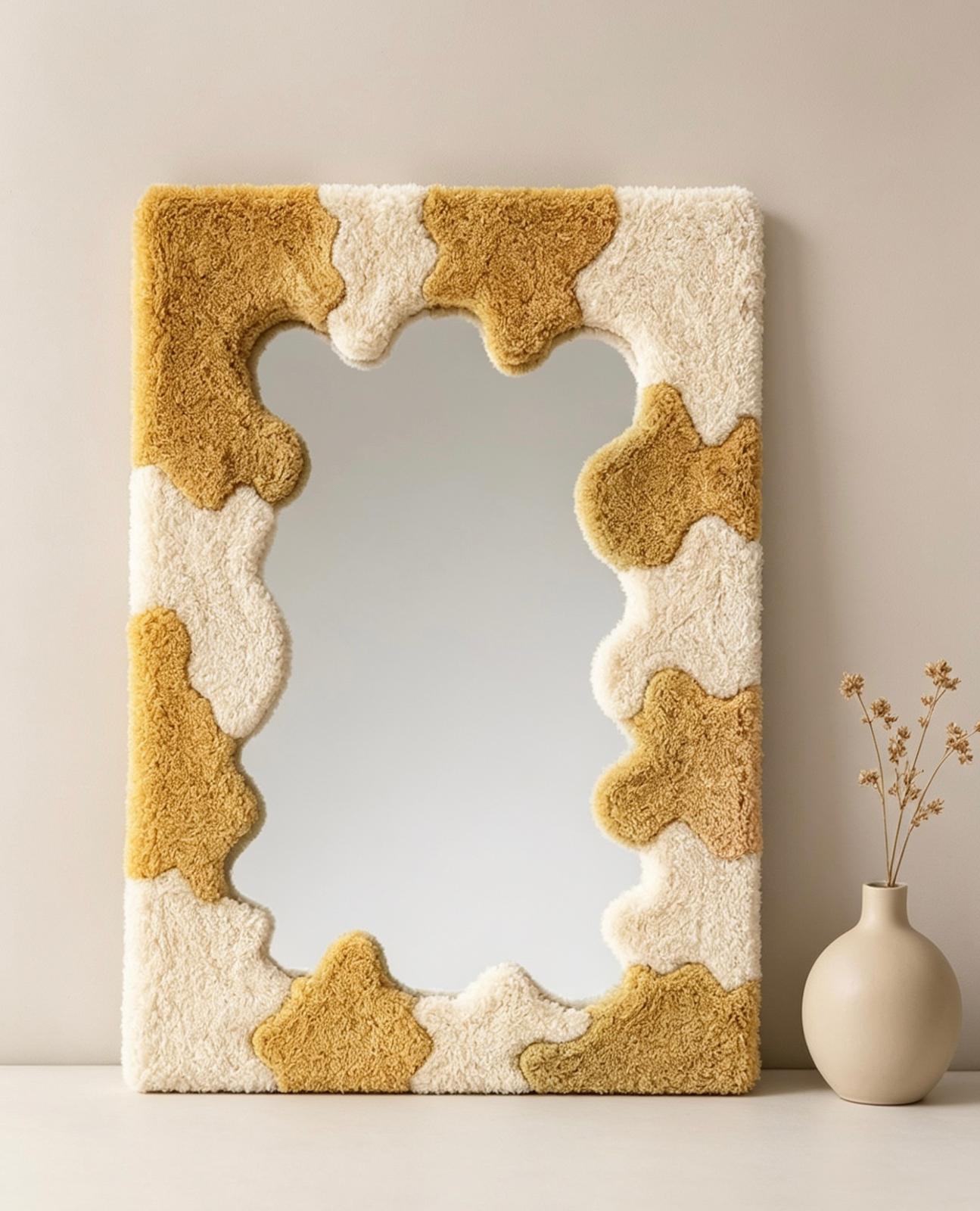 Handmade Tufted Cow Print Mirror, Wavy Plush Vanity Wall Decor