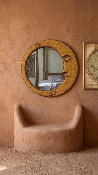 Tufted Celestial Crescent Moon Mirror | Gold Moon Face Punch Needle Wall Art | Mystical Astrology Room Decor | Whimsical Star Accent