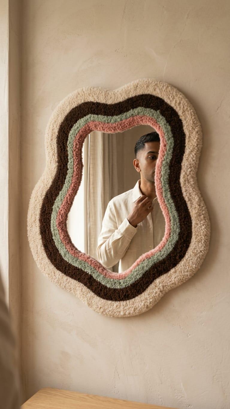 Tufted Wavy Mirror | Sage Green Pink Punch Needle Wall Art, Boho Decor