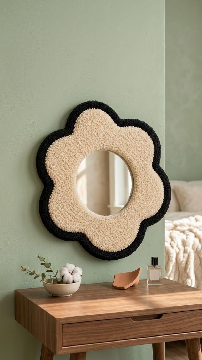 Flower Mirror, Tufted Wall Mirror, Black and Cream Mirror, Funky Wall Decor, Handmade Mirror, Aesthetic Bedroom Decor, Cute Vanity Mirror