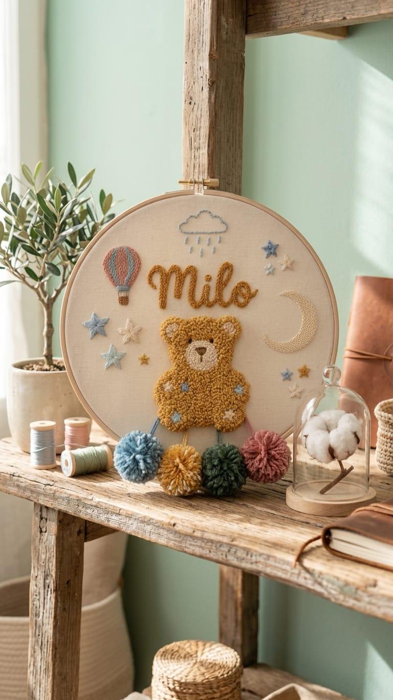 Personalized Teddy Bear Punch Needle Hoop Art, Boho Nursery Decor, Custom Name Sign