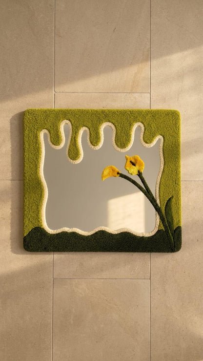 Tufted Wavy Mirror | Calla Lily Punch Needle Wall Art, Botanical Drip Decor