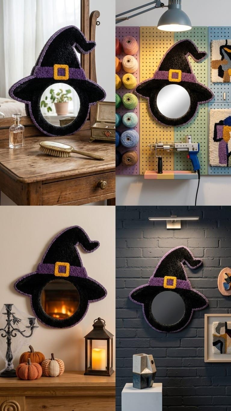 Witch Hat Mirror, Halloween Mirror, Tufted Wall Mirror, Witchy Room Decor, Spooky Wall Decor, Purple Halloween Decor, Handmade Witch Gift