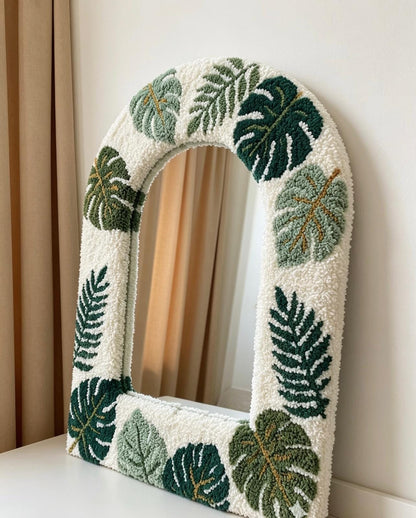 Tufted Arch Mirror with Monstera Leaves, Punch Needle Botanical Wall Decor