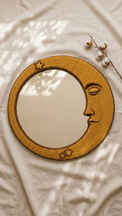 Tufted Celestial Crescent Moon Mirror | Gold Moon Face Punch Needle Wall Art | Mystical Astrology Room Decor | Whimsical Star Accent