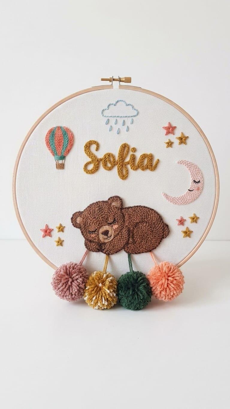 Personalized Sleeping Bear Punch Needle Hoop Art, Boho Nursery Name Sign