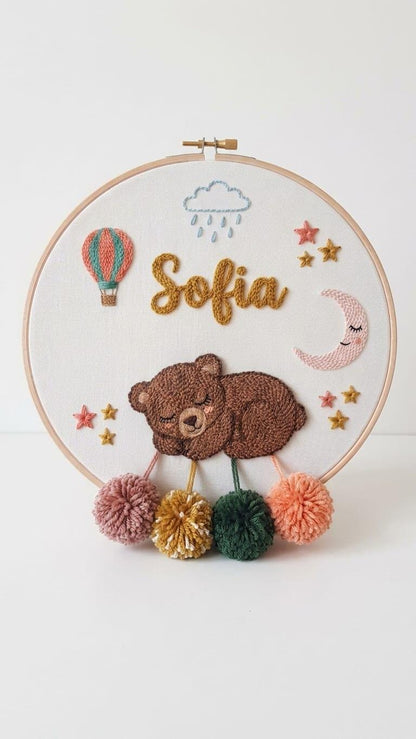 Personalized Sleeping Bear Punch Needle Hoop Art, Boho Nursery Name Sign