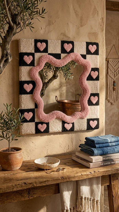 Hand-Tufted Checkerboard Mirror with Pink Hearts, Punch Needle Wall Art