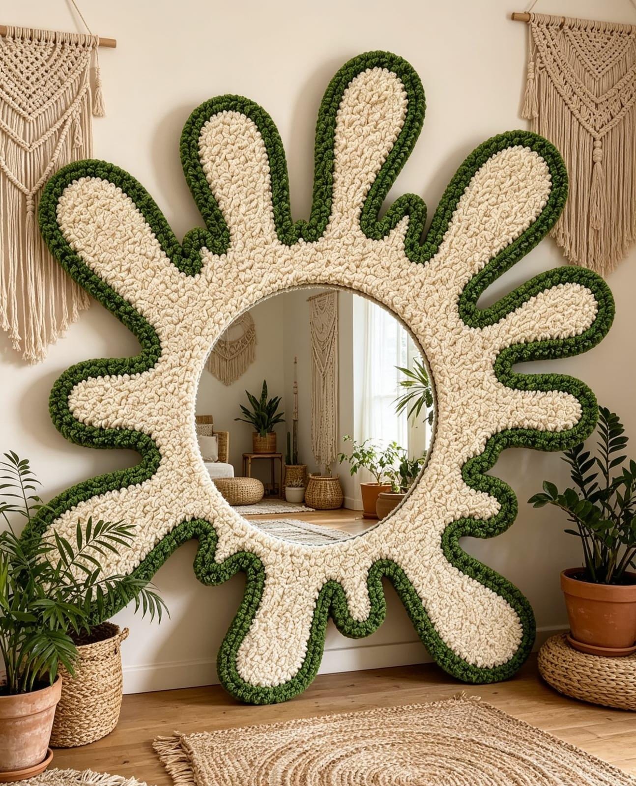 Tufted Splatter Mirror, Olive Green Cream Punch Needle Decor, Boho Room Art
