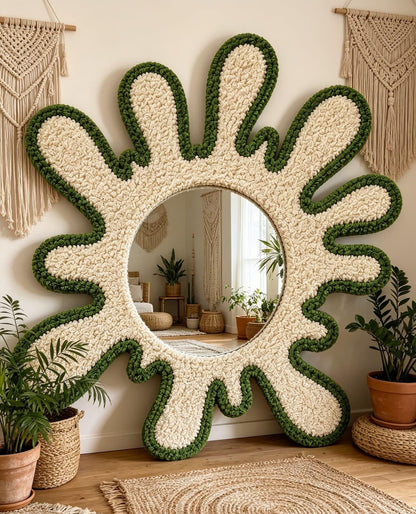 Tufted Splatter Mirror, Olive Green Cream Punch Needle Decor, Boho Room Art