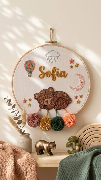 Personalized Sleeping Bear Punch Needle Hoop Art, Boho Nursery Name Sign