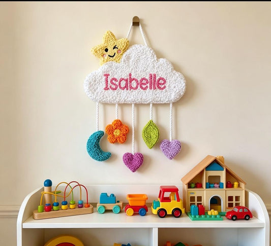 Personalized Cloud Name Sign, Tufted Punch Needle Wall Art, Baby Girl Nursery Decor