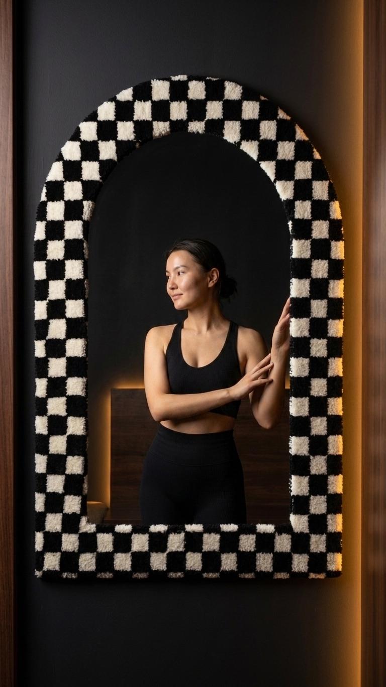 Tufted Arch Mirror, Black White Checkerboard Wall Decor, Soft Textured Frame