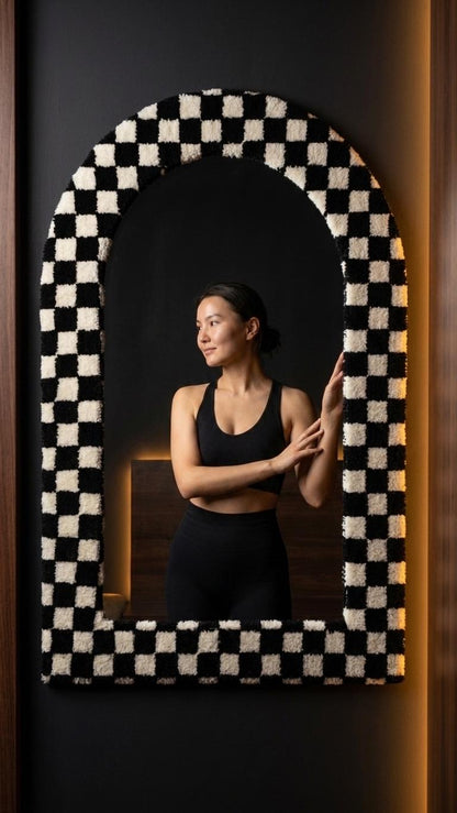 Tufted Arch Mirror, Black White Checkerboard Wall Decor, Soft Textured Frame