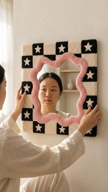 Tufted Checkerboard Mirror, Pink Wavy Border, Punch Needle Star Wall Art
